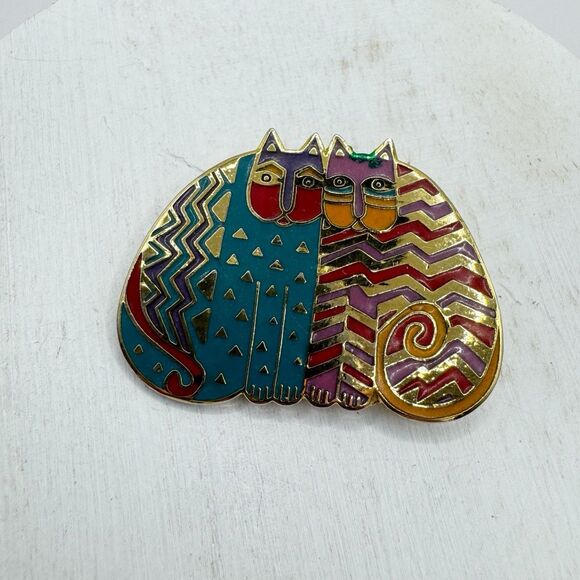 Laurel Burch Vtg “Folkloric Felines” Colorful Enamel Rainbow 2 Cats Brooch Pin - Picture 11 of 14